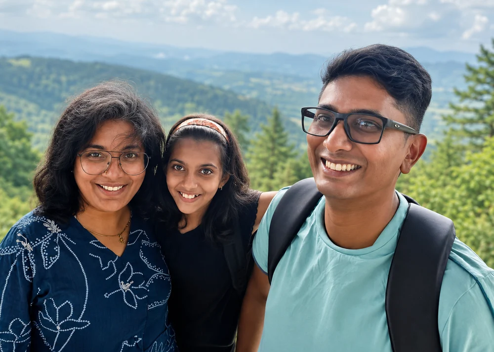 Deepak, Minu and Samhita smiling in the hills