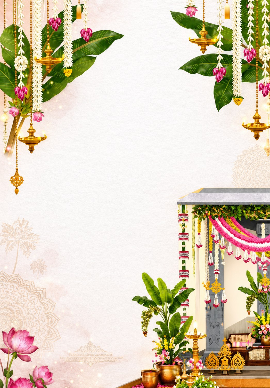 Traditional Tamil housewarming decorations — brass oil lamps, jasmine garlands, banana leaves and a garlanded home entrance